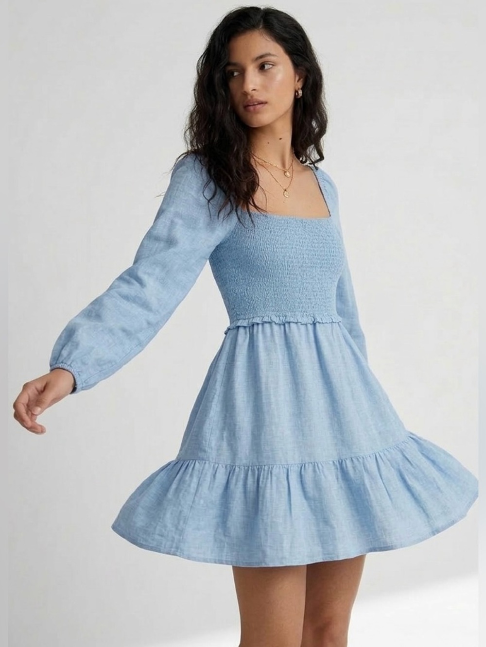 NWT Aritzia Wilfred Tempest 100% Linen Mini Dress Chambray Buoy Blue Size XL